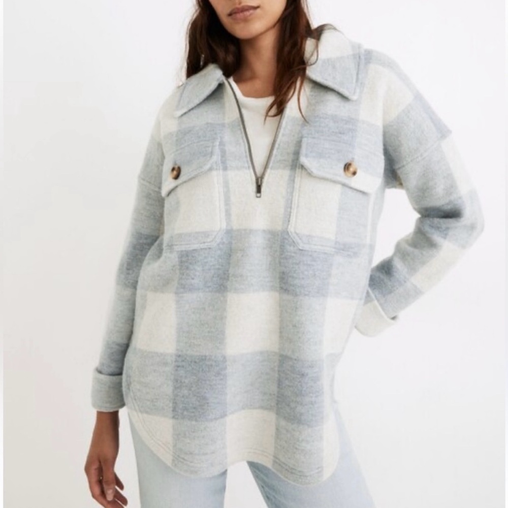 Madewell Boiled Wool Half-Zip Popover Sweater in Buffalo Check Small